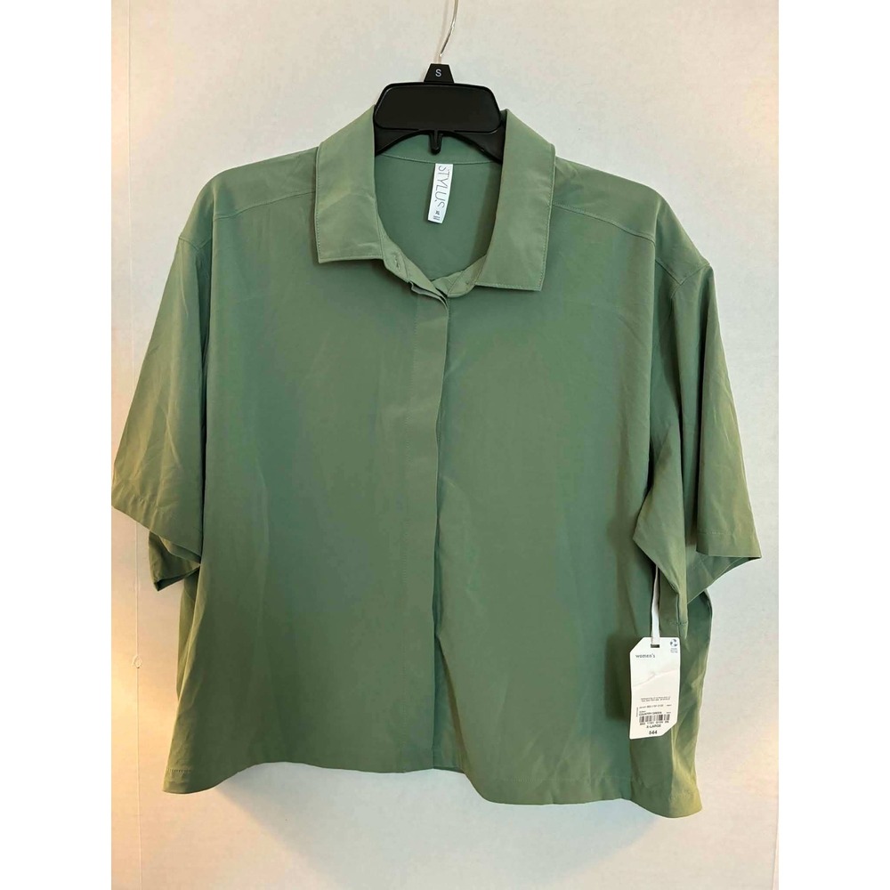 Stylus Womens XL Country Green Short Sleeve Hidden Button Up Boxy Shirt New